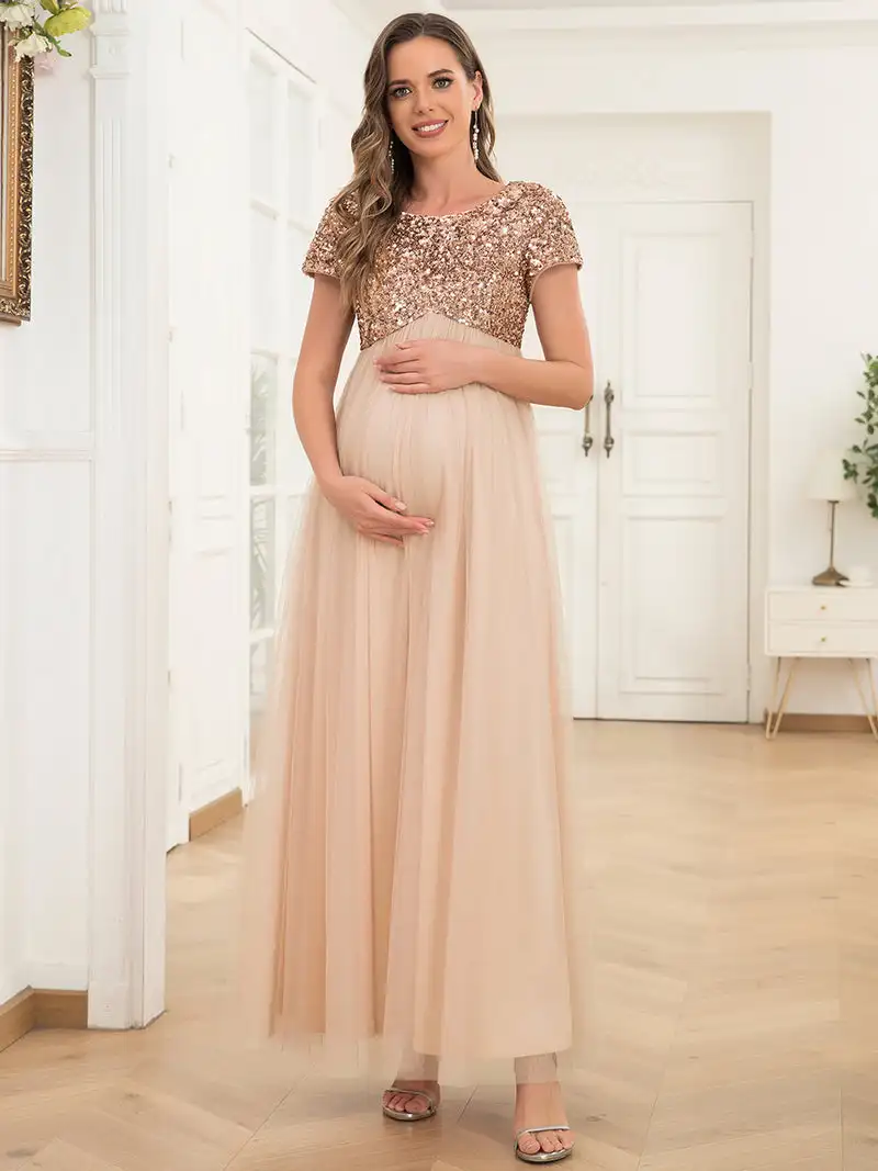 

Gorgeous Evening Dresses Round Neck Short Sleeves Back zipper 2022 ever pretty of A-line silhouette Blush maternity dress