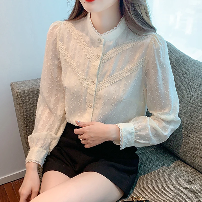 

Korean Buttons Long Sleeve Apricot Tops Elegant Office Lady Shirt Fashion Polka Dot Lace Blouse Sweet Slim Female Clothing 24560
