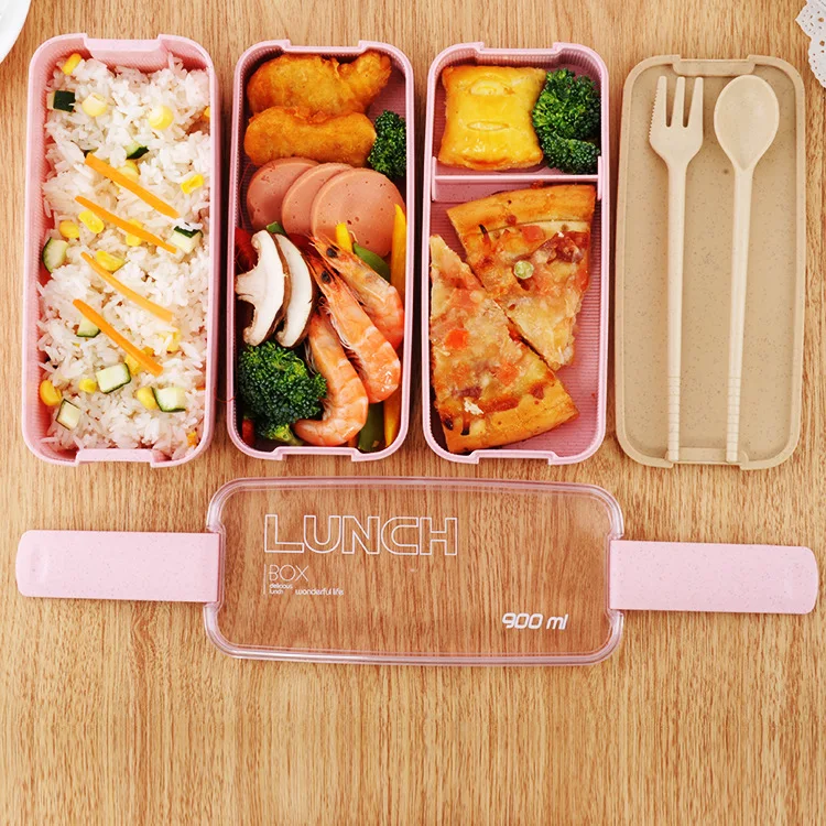 

Creative Environmental Protection Wheat Lunch Box Straw Lunch Box 900 Ml Three-Layer Plastic Students Handy Box with Spork