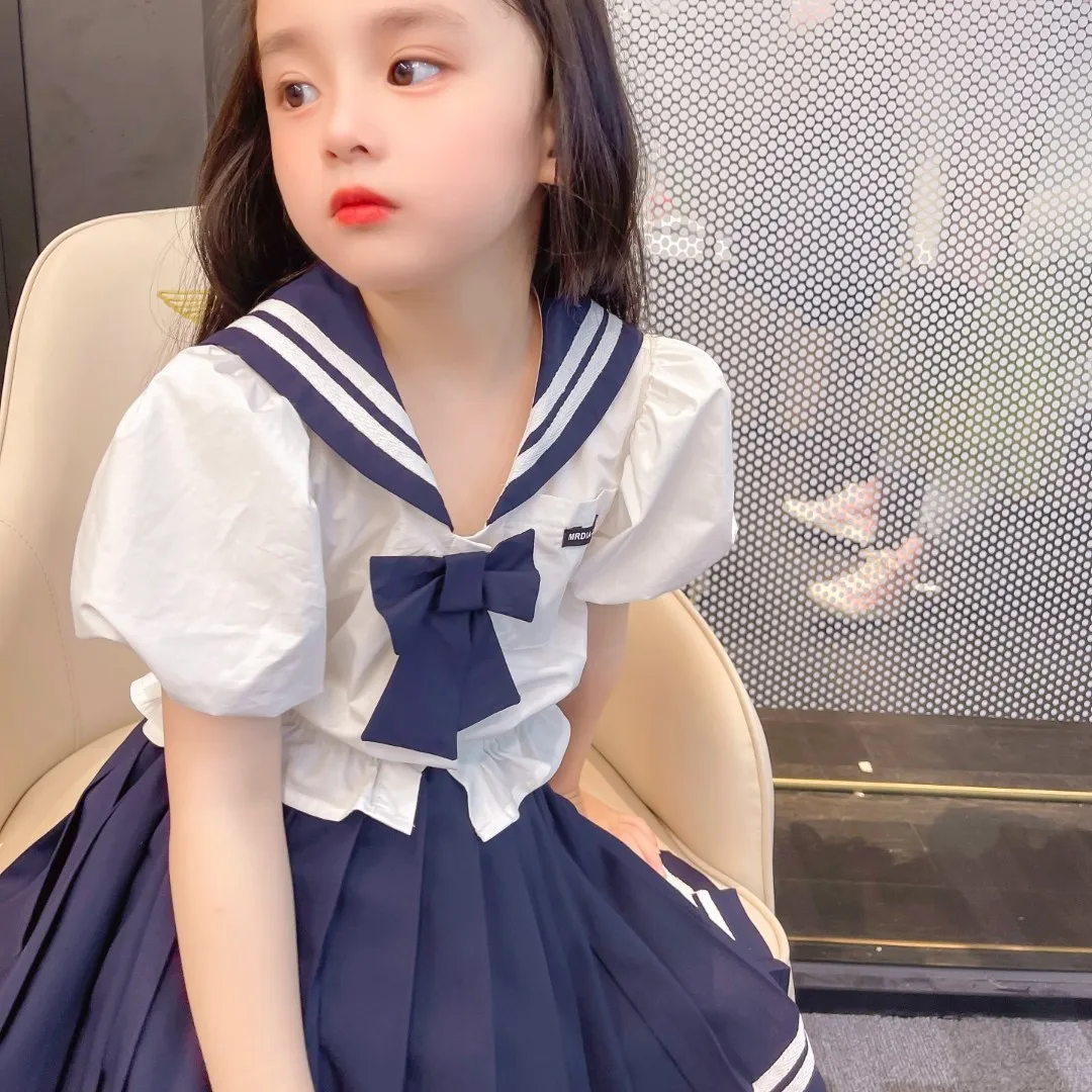 

Summer Kawaii White Puff Sleeve Bow Shirt Pleated Skirt 2 Piece Set Children Cute Schoolgirl Jk Uniform Black Blue Sailor Outfit