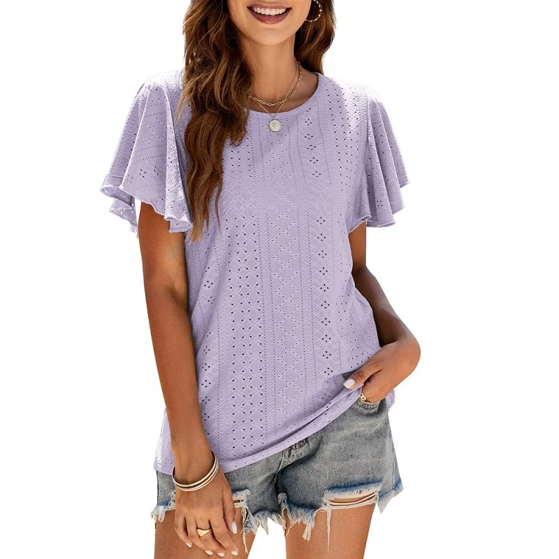 Short Sleeve T shirts Casual Women Hollow Out Fashion Ruffled Tops Summer O-Neck Solid Color T-shirt All Match Woman Clothing
Short Sleeve T shirts Casual Women Hollow Out Fashion Ruffled Tops Summer O-Neck Solid Color T-shirt All Match Woman Clothing