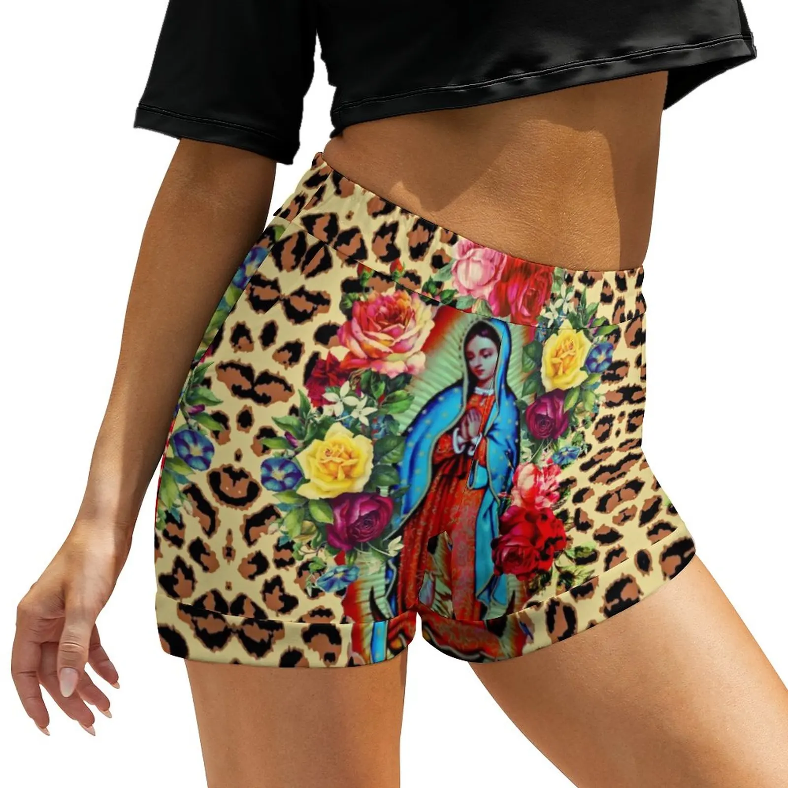 

Guadalupe Virgin Mary Shorts High Waisted Floral Print Printed Shorts Sexy Oversized Short Pants Slim Bottoms Gift Idea