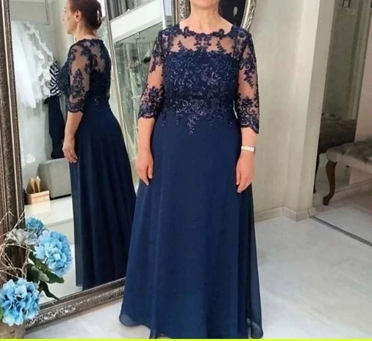 

Элегантное темно-синее шифоновое платье для матери невесты, простое кружевное платье-трапеция с круглым вырезом и рукавом 3/4, Аппликация из бисера, свадебное платье для выпускного