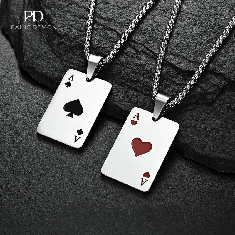 Creative Poker Card Red Heart Spades A Necklace Sweater Pendant Hip Hop Fashion Men Titanium Steel Cool Bounce Couple Jewelry
Creative Poker Card Red Heart Spades A Necklace Sweater Pendant Hip Hop Fashion Men Titanium Steel Cool Bounce Couple Jewelry