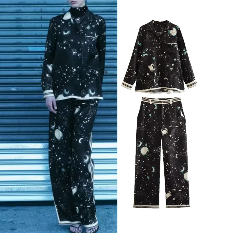 Женский комплект из 2-х предметов, рубашка с принтом и брюки 
Женский комплект из 2-х предметов, рубашка с принтом и брюки