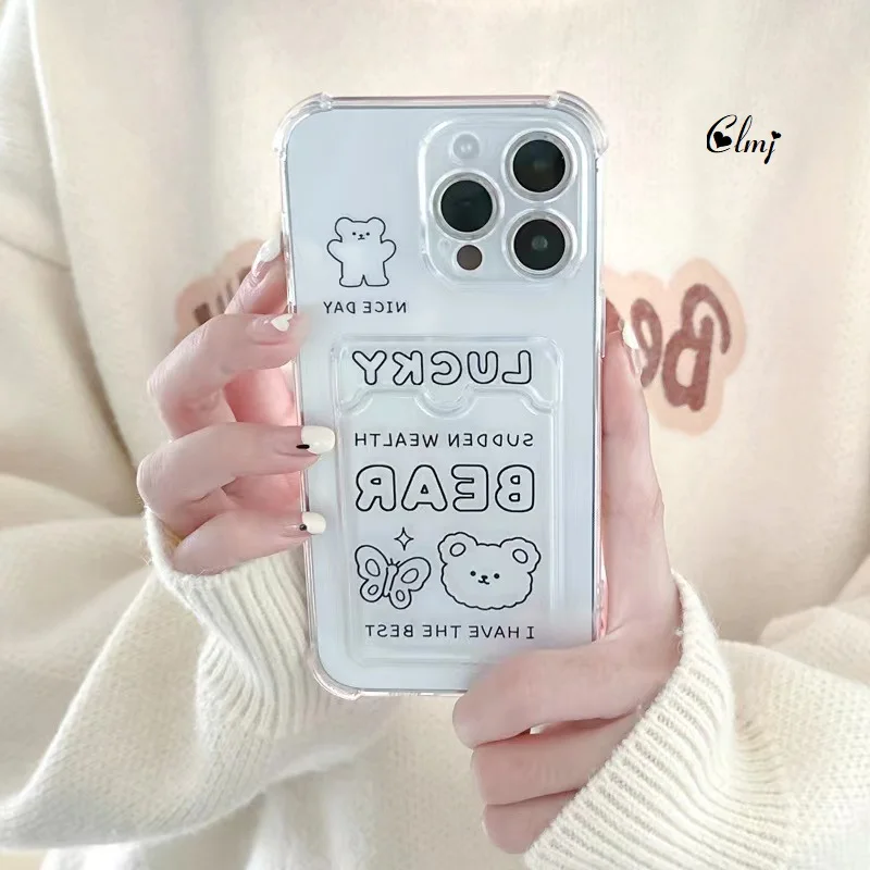 

Clmj Card Holder Cute Bear Phone Case For iPhone 11 12 14 Pro Max 13 7 8 Plus X XR XS Silicone Protective Cover Can Put Photo