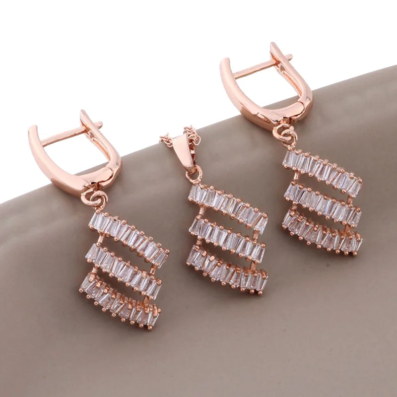 

New Trend Unusual Earrings And Pendant Jewelry Sets for Women White Natural Zircon 585 Rose Gold Color Luxury Quality Jewelry