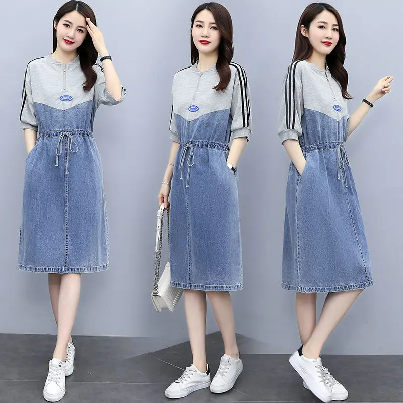 Korea Chic Summer Fashion Trend Women O Neck Denim Stitching Loose Casual Short-sleeved Dresses 2022 Fake Two Piece Dress E42
Korea Chic Summer Fashion Trend Women O Neck Denim Stitching Loose Casual Short-sleeved Dresses 2022 Fake Two Piece Dress E42