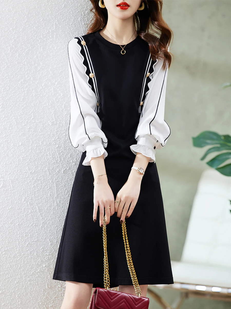 Женские весенние платья, Модный пуловер с круглым вырезом и высокой талией, с рукавами в виде листьев лотоса, платье-трапеция, элегантная же... 
Женские весенние платья, Модный пуловер с круглым вырезом и высокой талией, с рукавами в виде листьев лотоса, платье-трапеция, элегантная же...