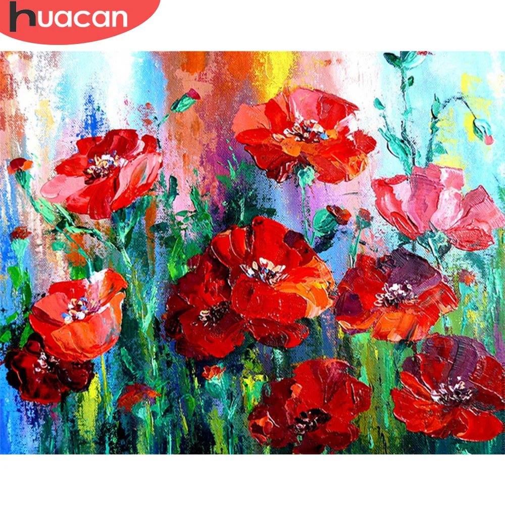 

HUACAN Oil Painting By Number Red Flower Wall Art Unique Gift DIY Frame Coloring By Numbers Poppy Acrylic Canvas For Living Room