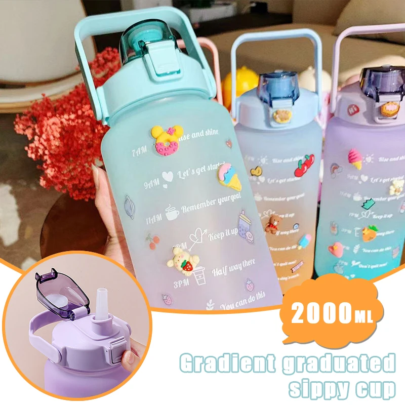 

Water Bottle 2 liters Large-capacity Stickers Drinking Bottle Outdoor Sports Leak-proof Frosted Cup With Time Marker Drinkware