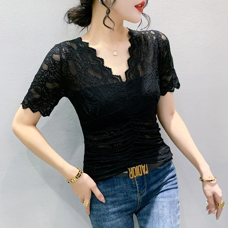 #6298 Black White Khaki Lace T Shirt Women V-neck Vintage Womens Tee Shirts Thin Folds Elastic Women's T-shirt Short Sleeve Sexy
#6298 Black White Khaki Lace T Shirt Women V-neck Vintage Womens Tee Shirts Thin Folds Elastic Women's T-shirt Short Sleeve Sexy