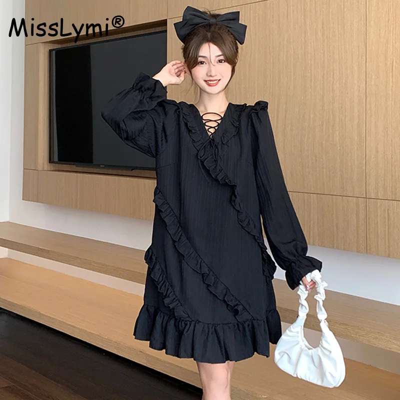 Japanese Black Dress Large Size Women Clothing Autumn 2023 French Style Lace-up V-Neck Long Sleeve Loose Ruffle Mini Dresses 
Japanese Black Dress Large Size Women Clothing Autumn 2023 French Style Lace-up V-Neck Long Sleeve Loose Ruffle Mini Dresses