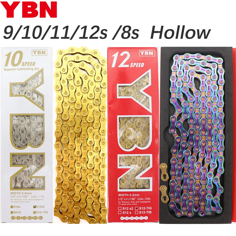 YBN Bike Chain 10 11 12 speed SLA silver hollow gold oil slick Titanium coating 8 9s MTB road bike chain for Shimano/ SRAM
YBN Bike Chain 10 11 12 speed SLA silver hollow gold oil slick Titanium coating 8 9s MTB road bike chain for Shimano/ SRAM