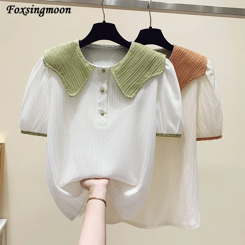 Blouse Women Fashion Shirt Doll Collar White Girlish Shirts Short Sleeve Janpenese Style Cute Bottoming Shirt 2022 Summer New 
Blouse Women Fashion Shirt Doll Collar White Girlish Shirts Short Sleeve Janpenese Style Cute Bottoming Shirt 2022 Summer New