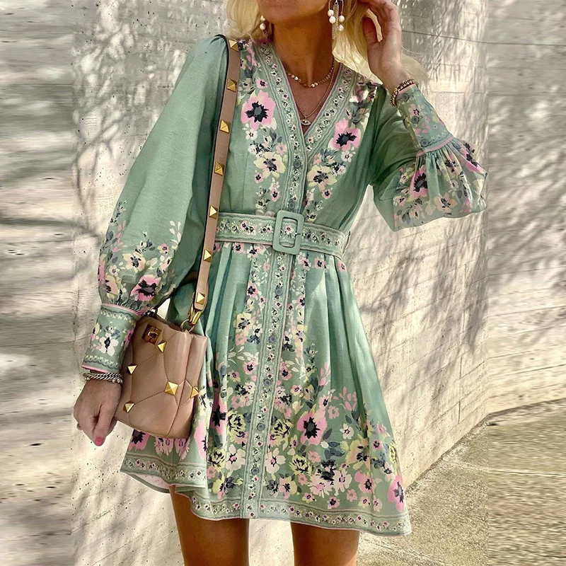 Autumn Bohemian Dresses Women Elegant Long Lantern Sleeve Casual Floral Dress Ladies V-neck Vintage Print Party Dress with Belt
Autumn Bohemian Dresses Women Elegant Long Lantern Sleeve Casual Floral Dress Ladies V-neck Vintage Print Party Dress with Belt