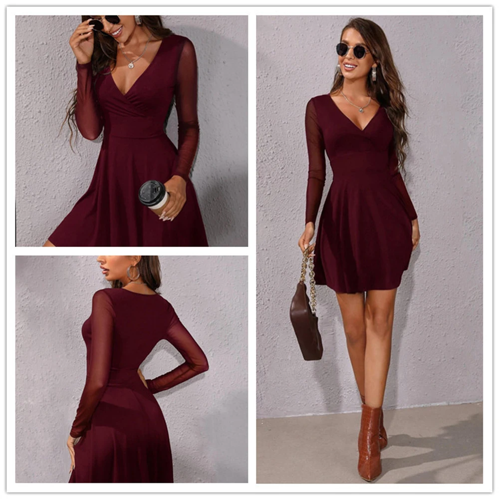 Summer New Women V-neck Long-sleeved Solid High Quality Dress Sexy Slim Fashion Mesh Dresses Elegant Party Woman Little Dress
Summer New Women V-neck Long-sleeved Solid High Quality Dress Sexy Slim Fashion Mesh Dresses Elegant Party Woman Little Dress