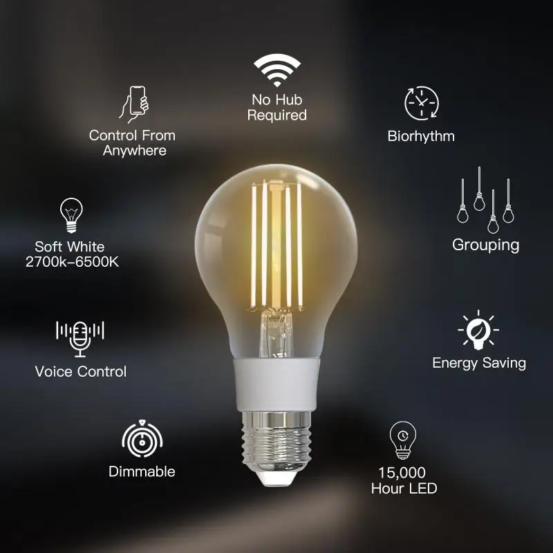 

WiFi Smart Filament Bulb LED Light Lamp E27 Dimmable Lighting 2700K-6500K 806Lm Tuya Alexa Voice Control 90-250V 7W