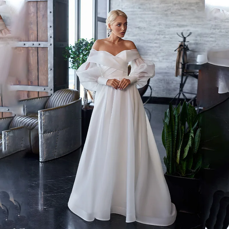 

Vestidos De Novia Satin Ball Gown Wedding Dress Off the Shoulder Simple Robe Mariage V-Neck Luxury Sukienka Na Wesele