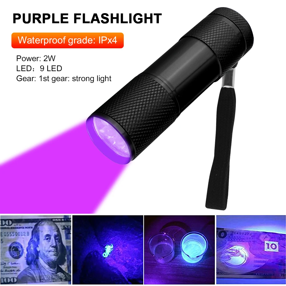 

9LED UV Mini Portable Flashlight Purple Light Anti-Skid 395nm Backlight Ultraviolet Torch Detector Lamp Purple Money Detector