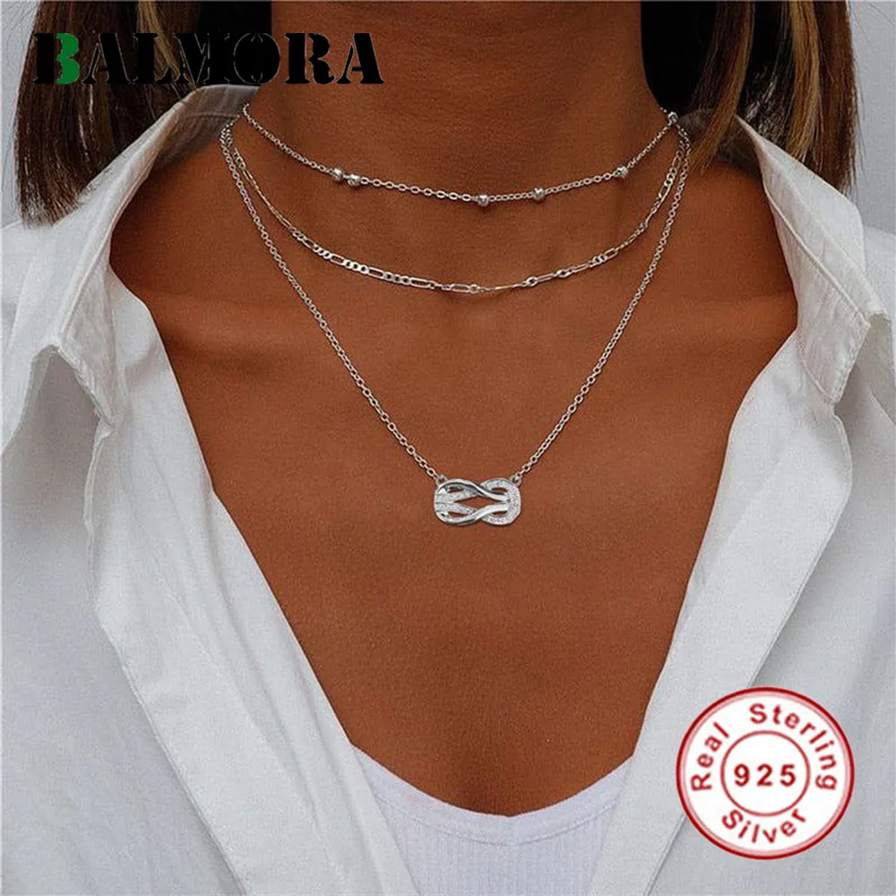 

BALMORA S925 Silver Tiny Knot Pendant Necklaces For Women Girl Fashion Infinity Zircon Geometric Long Chain Jewelry Gift