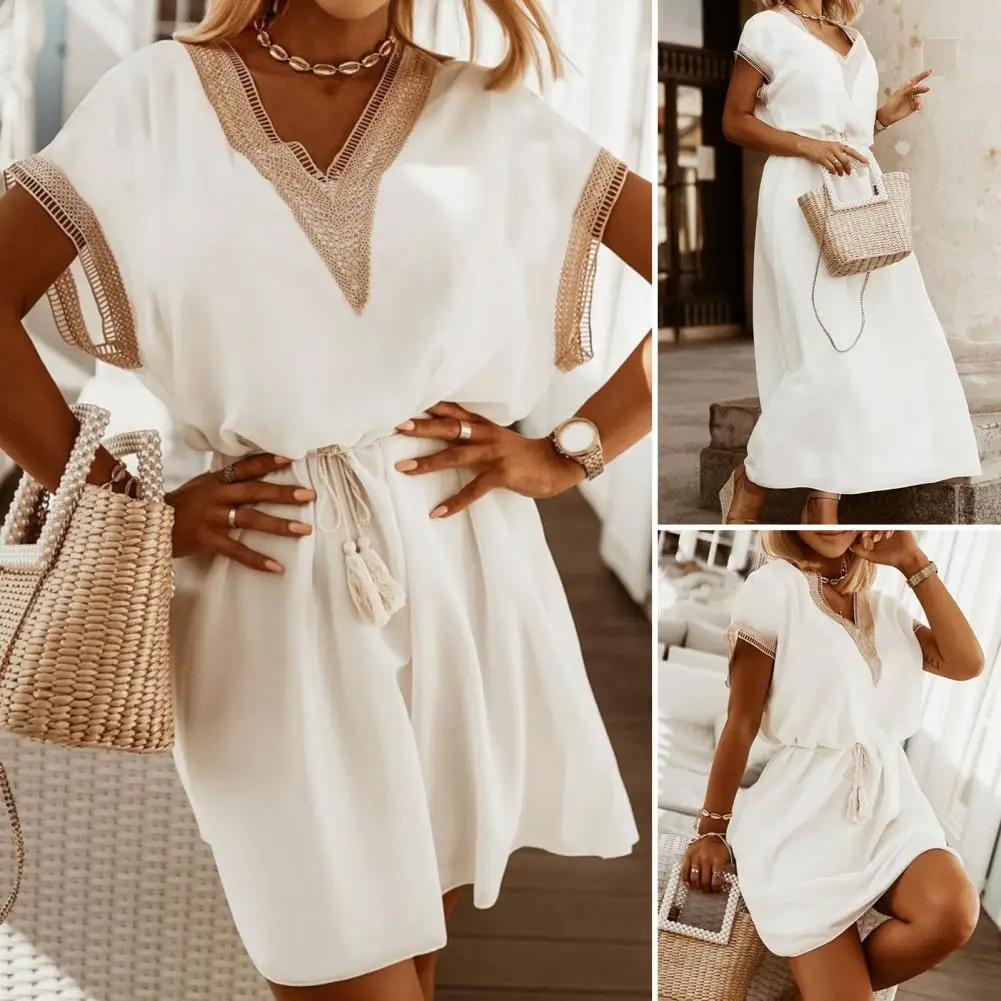 Women Dress Lace Patchwork Summer Bat Sleeve Bow Above Knee Dress Loose Commuters Dress Female Streetwear for Party
Women Dress Lace Patchwork Summer Bat Sleeve Bow Above Knee Dress Loose Commuters Dress Female Streetwear for Party