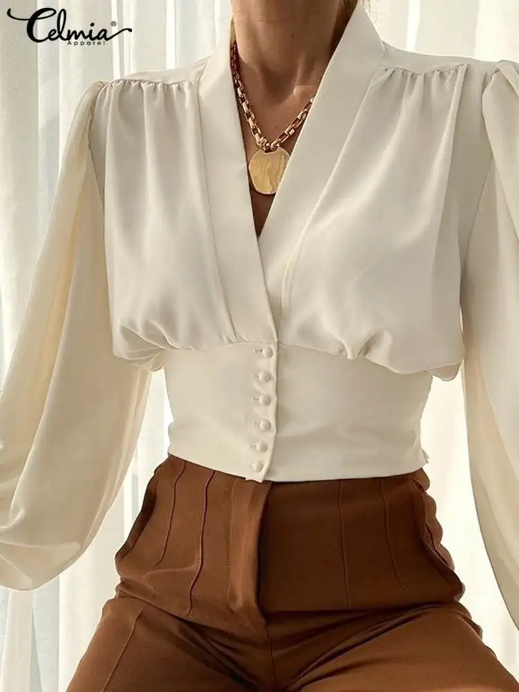Celmia Women Party Tops Sexy Pleated Chic Lantern Sleeve Blusas Femme V Neck Fashion Button Short Blouses Waisted Vintage Shirts
Celmia Women Party Tops Sexy Pleated Chic Lantern Sleeve Blusas Femme V Neck Fashion Button Short Blouses Waisted Vintage Shirts
