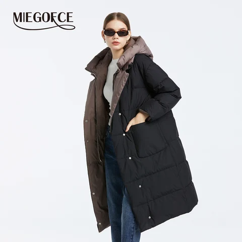 MIEGOFCE 2023 Зимняя коллекция, высококачественное длинное женское пальто в тон двубортная женская куртка с капюшоном и лацканам