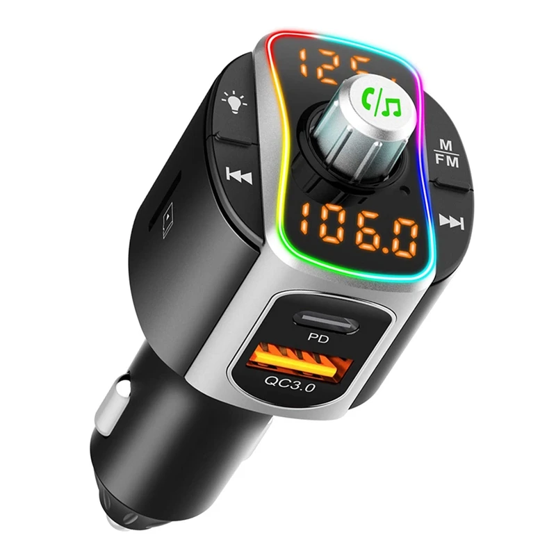 

NEW-Bluetooth 5.0 Car FM Transmitter,Car Audio Adapter Receiver,QC3.0 Charging Hands Free Car Kit With 7-Color Backlit