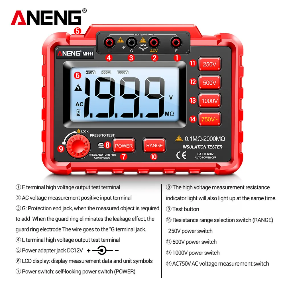 ANENG MH11 Digital Megohmmeter Meter 250/500/1000V Insulation Earth Resistance Meters Tester cable Voltmeter Megger Meter
ANENG MH11 Digital Megohmmeter Meter 250/500/1000V Insulation Earth Resistance Meters Tester cable Voltmeter Megger Meter