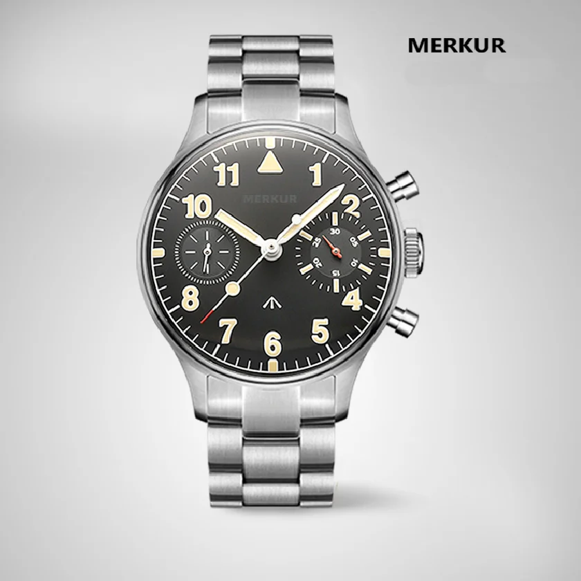 

38mm Classic Chronograph Mechanical Watches MERKUR First Colabs Product Flieger Watch with Super Luminova Vintage Pilot Big Eye