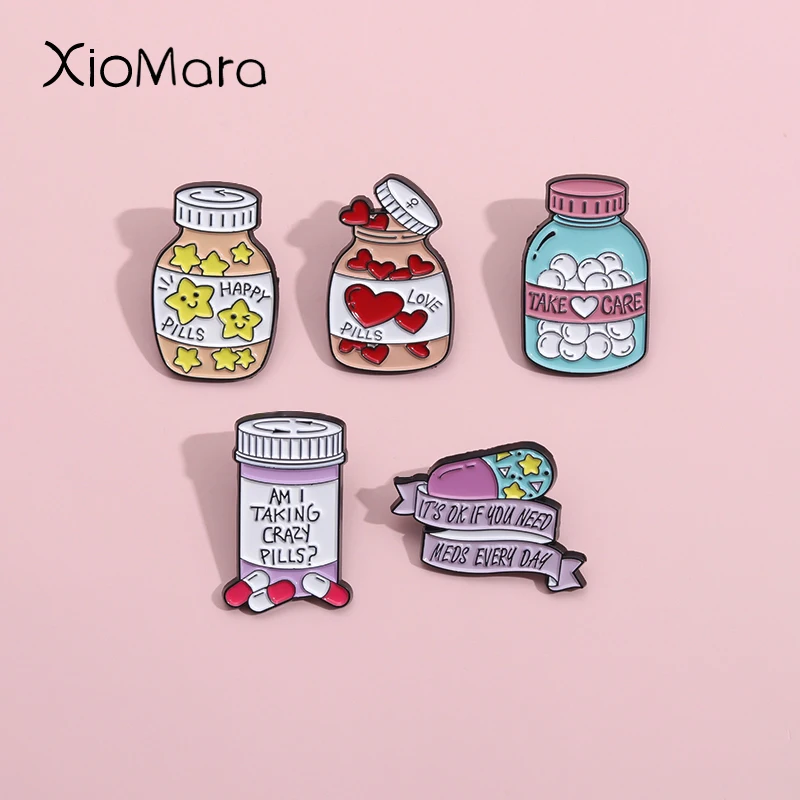 

Happy Caring Pills Enamel Pins Am I Taking Crazy Pills Caring For Mental Health Brooches Lapel Badges Jewelry Gift For Student