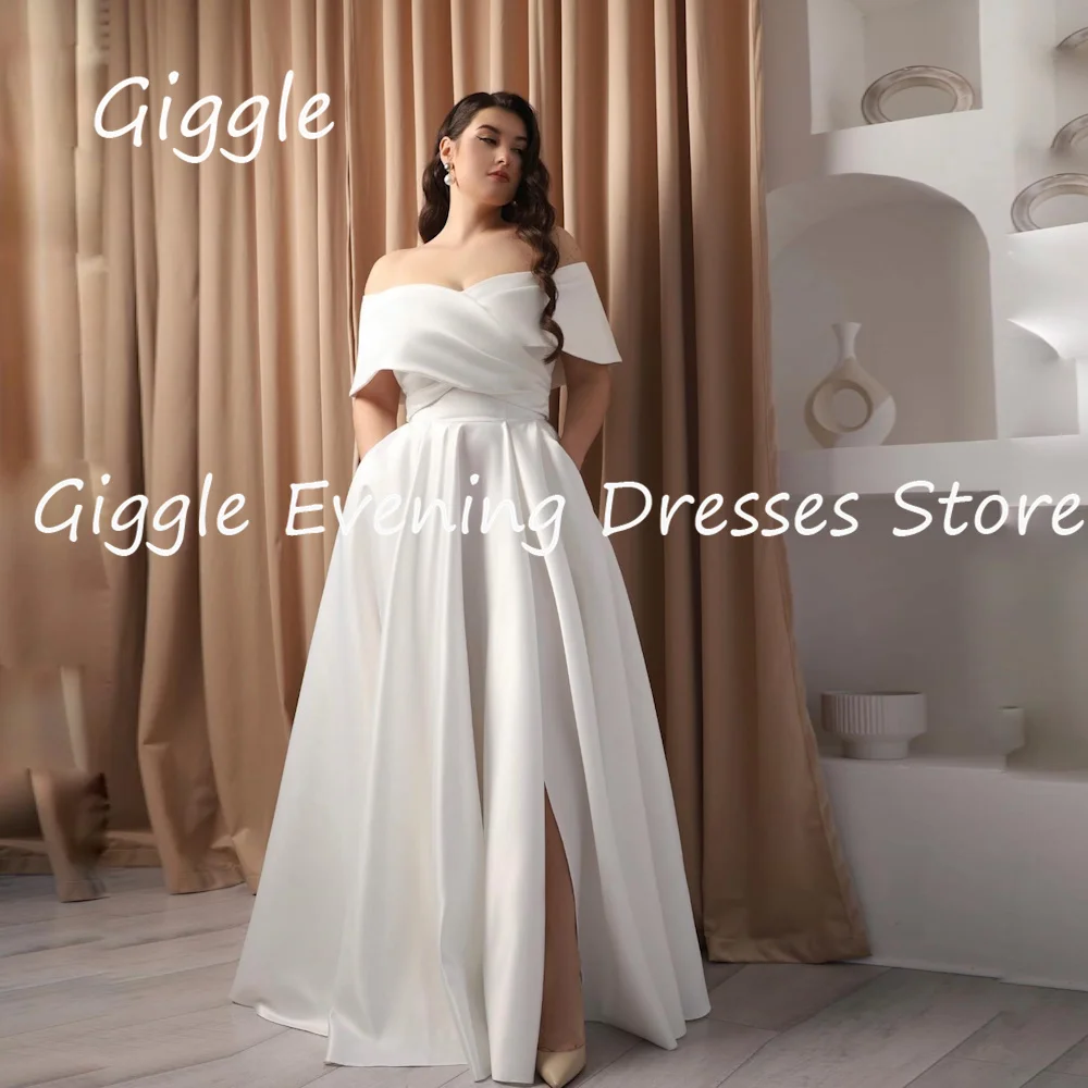 

Женское атласное вечернее платье Giggle, ТРАПЕЦИЕВИДНОЕ официальное платье в пол с открытыми плечами и оборками, модель 2023 в стиле Саудовской Аравии
