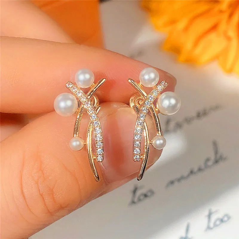 

Huitan Cross Line Simulated Pearl Earrings for Girls Fresh Gold Color Ear Piercing Women Accessories Daily Wear Delicate Jewelry