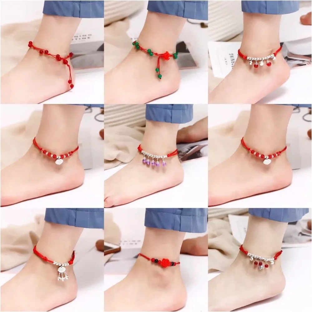 

Black Red Rope Anklet Handwoven Student Bracelets for Women String Chain Braided Pendant Bangles Beach Barefoot Couple Jewelry