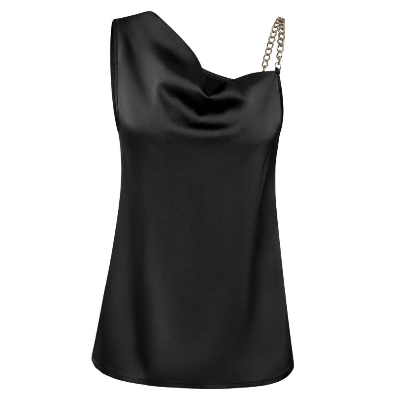 

Women Chain Strap Asymmetrical Top Drape Cowl Neck Sleeveless Camisole Vest