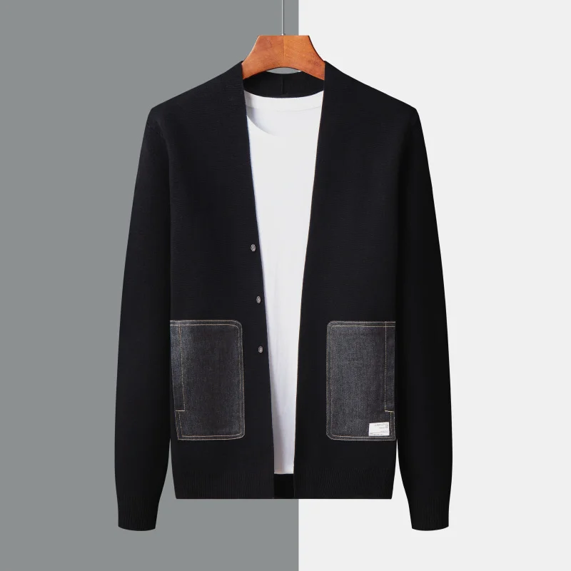 

Autumn and Winter New Men's Knitted Cardigan Denim Pockets Contrast Color Gentleman Light Luxury Sweater Men's Jacket Slim Fit