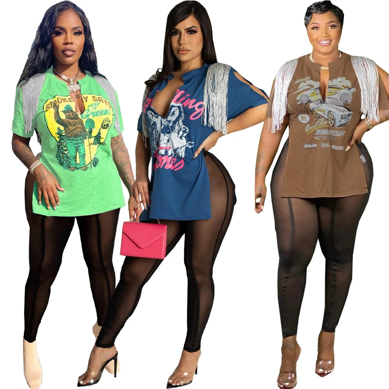 S-5XL Women Summer Two Piece Set Tassel V Neck Short Sleeve Split Loose T-shirt Top Sheer Mesh Pants Female Fashion Tracksuit
S-5XL Women Summer Two Piece Set Tassel V Neck Short Sleeve Split Loose T-shirt Top Sheer Mesh Pants Female Fashion Tracksuit