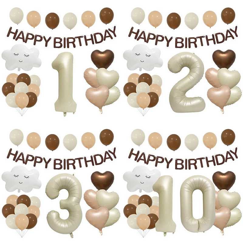 

1set Cloud 18inch Hearts 40inch Cream White Number Balloons Happy Birthday Banner Kids Party Decorations Baby Shower