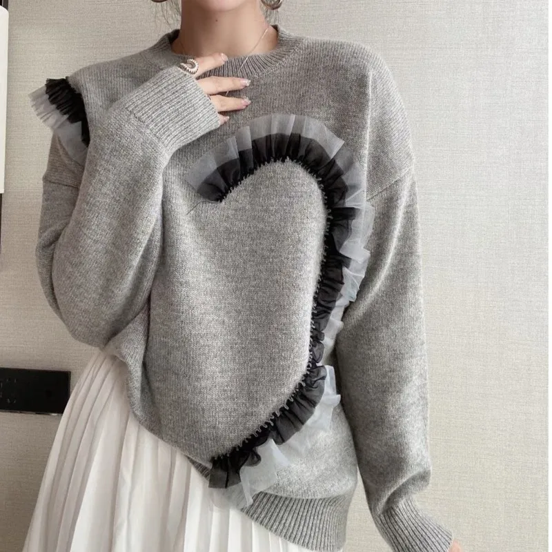 Net Yarn Ruffle Patchwork Love Sweater Women's Long-sleeve O-neck Knitted Pullover Autumn Winter Loose Jumpers Tops Female
Net Yarn Ruffle Patchwork Love Sweater Women's Long-sleeve O-neck Knitted Pullover Autumn Winter Loose Jumpers Tops Female