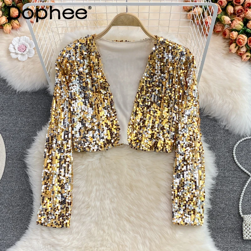 European Fashion Short Sequined Cardigan Coat 2022 Spring Women's Clothes High Waist Slimming Casual Long Sleeve Jacket Clubwear
European Fashion Short Sequined Cardigan Coat 2022 Spring Women's Clothes High Waist Slimming Casual Long Sleeve Jacket Clubwear