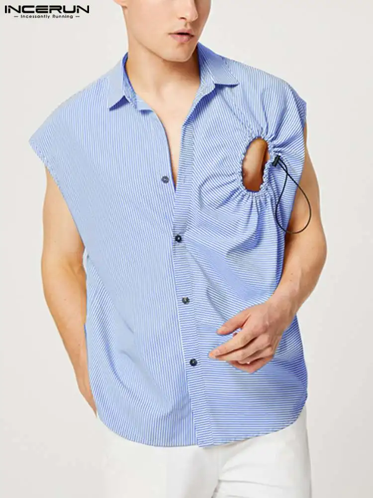 INCERUN 2022 Fashion Men Striped Shirt Lapel Sleeveless Hollow Out Drawstring Men Clothing Streetwear Button Casual Camisa S-5XL 
INCERUN 2022 Fashion Men Striped Shirt Lapel Sleeveless Hollow Out Drawstring Men Clothing Streetwear Button Casual Camisa S-5XL