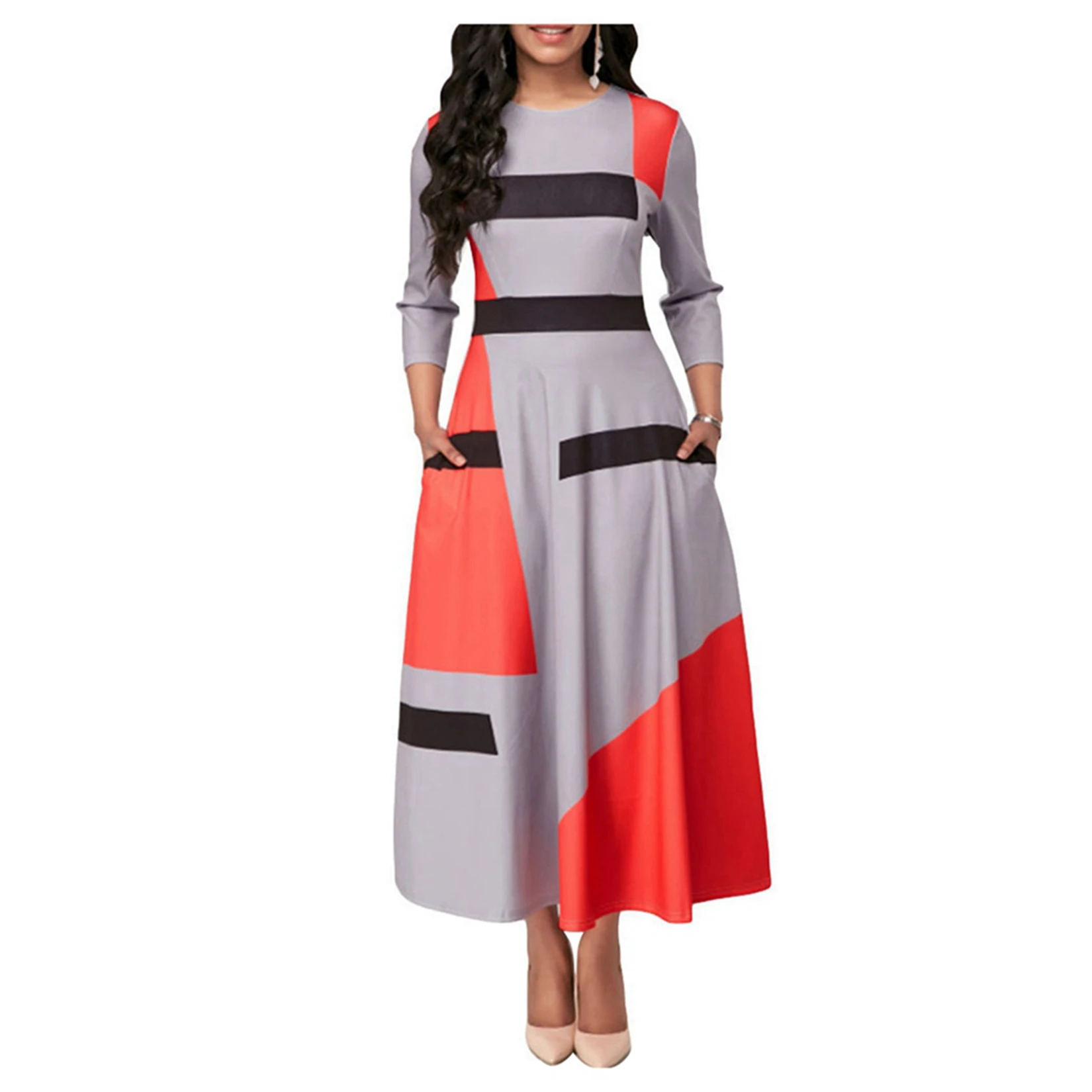 Women Work Maxi Dress Color Patchwork 3/4 Sleeves High Waist Swing Business Dresses with Pocket
Women Work Maxi Dress Color Patchwork 3/4 Sleeves High Waist Swing Business Dresses with Pocket