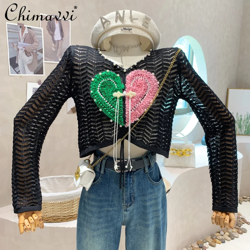 Fashion Design Heavy Pearl Heart Round Neck Long Sleeve Knitted Top 2022 Early Autumn Idle Style Hollow Loose Women's Pullover
Fashion Design Heavy Pearl Heart Round Neck Long Sleeve Knitted Top 2022 Early Autumn Idle Style Hollow Loose Women's Pullover