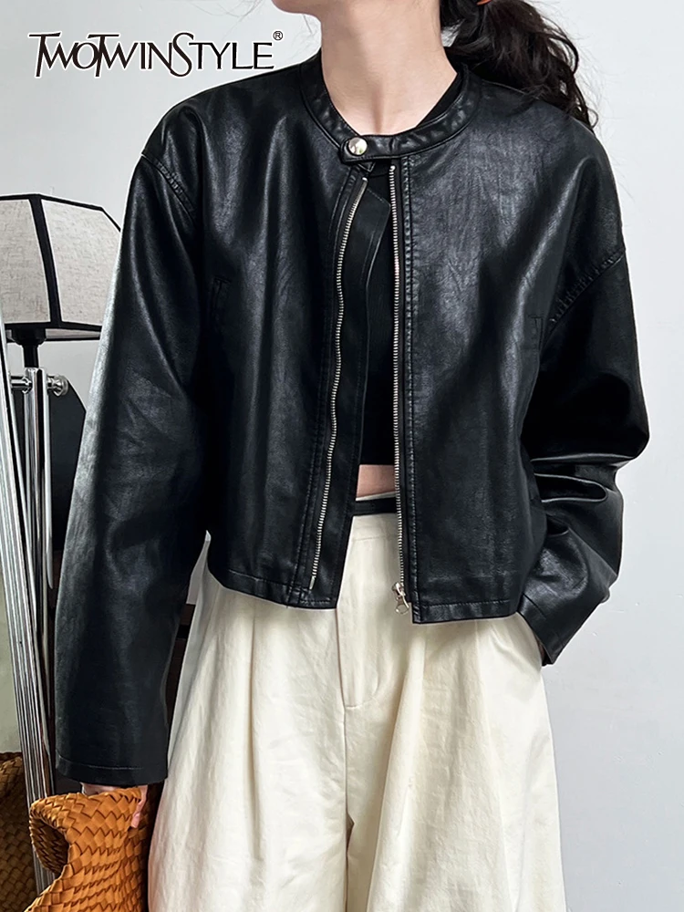 TWOTWINSTYLE Solid Vintage Leather Jackets For Women Round Neck Long Sleeve Patchwork Pockets Casual Jacket Female Fashion New
TWOTWINSTYLE Solid Vintage Leather Jackets For Women Round Neck Long Sleeve Patchwork Pockets Casual Jacket Female Fashion New
