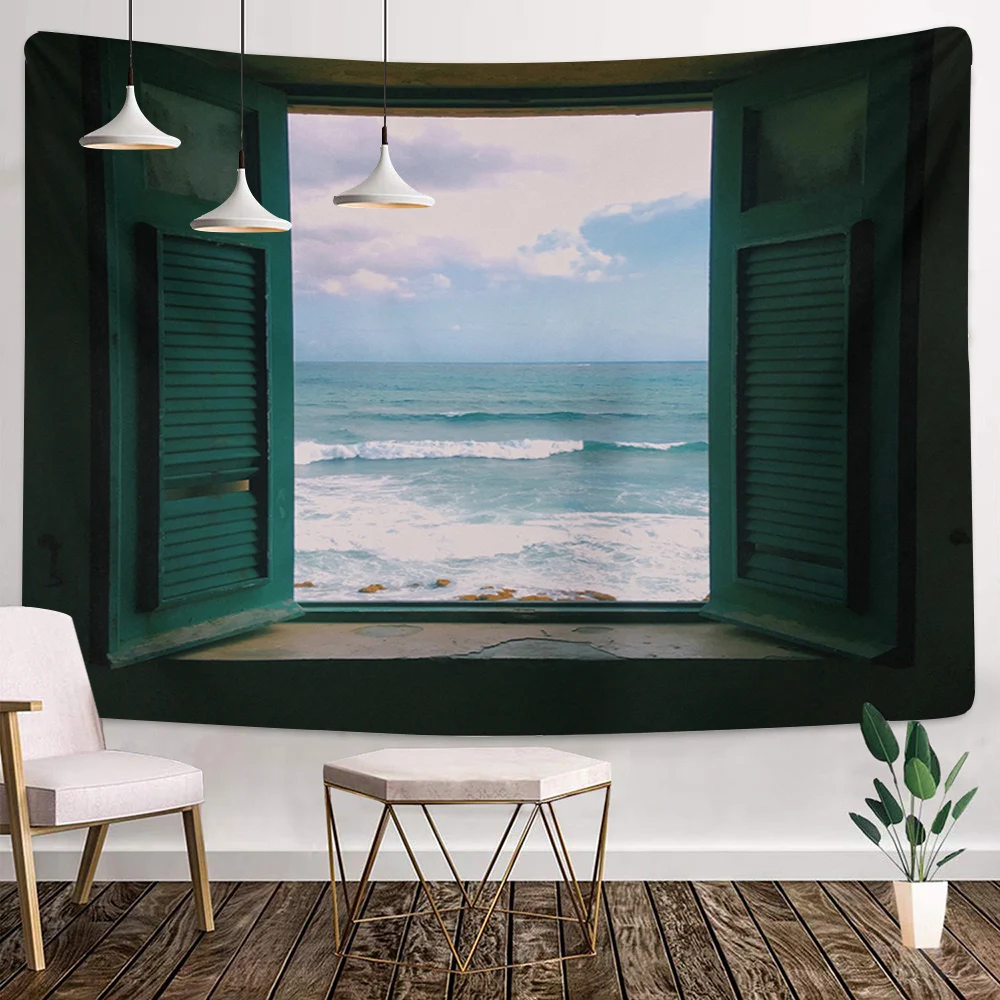 

3D Printed Window Seascape Tapestry Landscape Nature Scenery Wall Hanging Home Living Room Dorm Bedroom Decor Aesthetic Tapiz