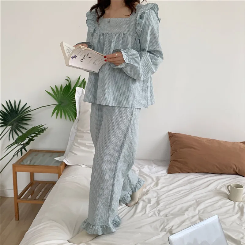 

Пижамный комплект в клетку, домашняя одежда, комплект из двух предметов, женская одежда для сна, Топ с длинным рукавом и штаны, пижама свободного кроя, корейский женский домашний костюм с оборками