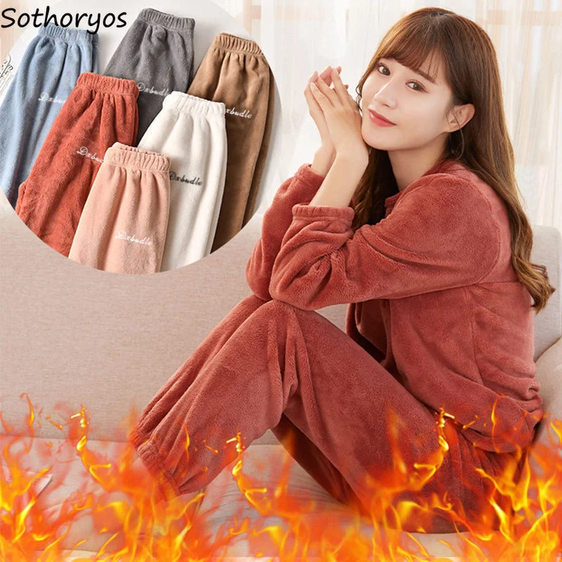 

Tender Letter Embroidery Pajama Sets Women Coral Velvet Casual Simple Loose Warm Thick Windproof Soft Comfortable Nightwear Cozy
