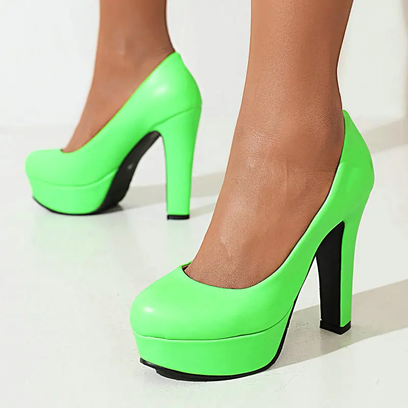 

Round Toe Shallow Mature Ladies Pumps Thick Spike High Heeled Office Female Shoes Platform Stiletto Women Green Orange Heels
