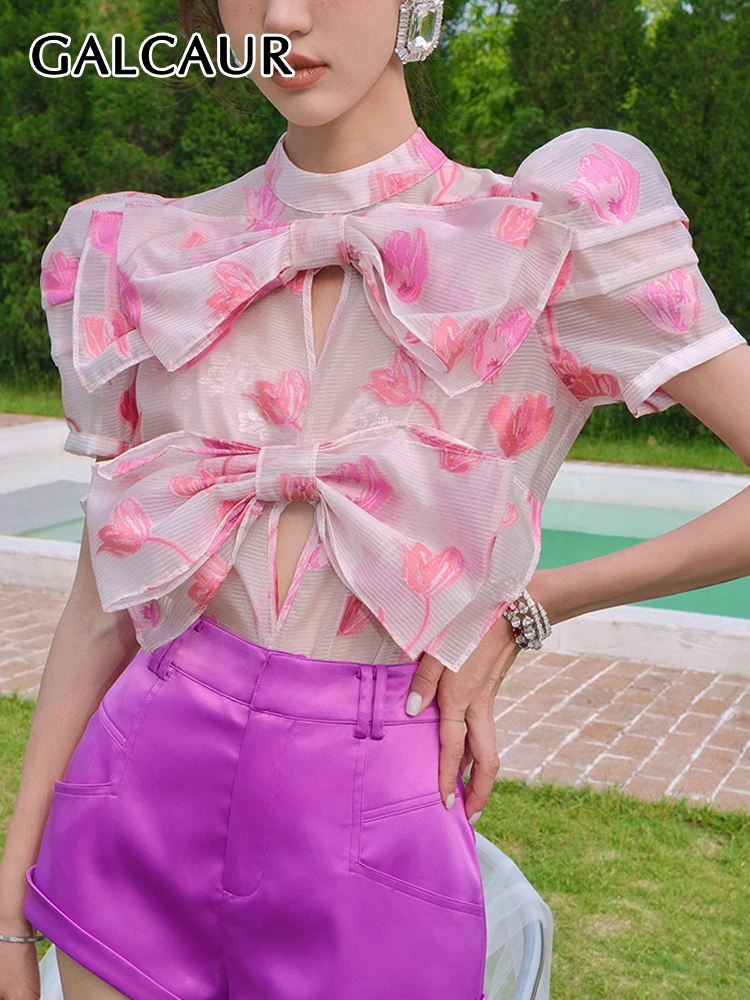 GALCAUR Print Colorblock Shirts For Women Stand Collar Puff Sleeve Patchwork Bow Lace Up Folds Blouse Female Summer Clothes New
GALCAUR Print Colorblock Shirts For Women Stand Collar Puff Sleeve Patchwork Bow Lace Up Folds Blouse Female Summer Clothes New